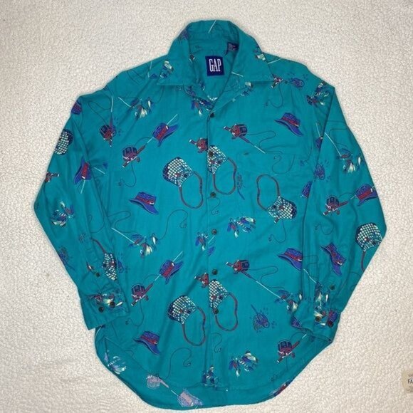 GAP Fishing AOP Long Sleeve Button Down: Size Small - Picture 1 of 12